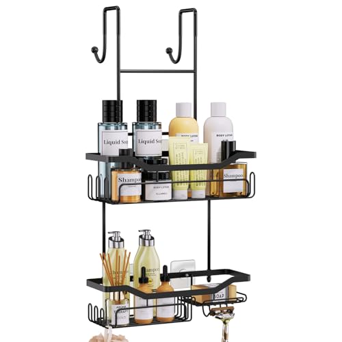 HapiRm Hanging Shower Caddy Over the Door with Soap Holder, No Drilling Adhesive Shower Organizer with 11 Hooks, Rustproof & Waterproof 304 Stainless Steel Bathroom Shelves - Black - color: A-Black