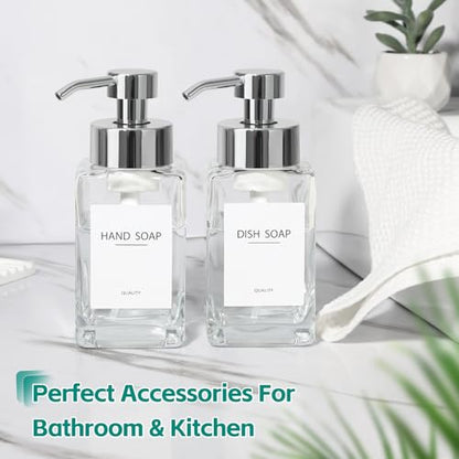 Foaming Soap Dispenser, 12oz/350ml Glass Hand Soap Dispenser Set, Refillable Foam Dispenser with Foaming Pump, Labels, Square Hand Dispenser for Bathroom, Kitchen 2 Pack - color: Clear Bottle + Silver Pump