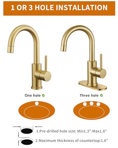 Tohlar Brushed Gold Bathroom Faucet with 2 Mode Sprayer | Bar Sink Faucet with Deck Plate for 1 or 3 Holes, 360° Swivel, with Pop Up Drain, for Vanity RV Laundry - color: Brushed Gold with Deck Plate