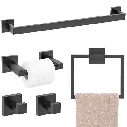 TQKAG Matte Black Bathroom Hardware Accessories Set 5 Pieces, Double Post Pivoting Toilet Paper Holder Set Stainless Steel Square Bathroom Towel Bar Holder Set Wall Mounted - color: Matte Black, size: 5-Pieces Set