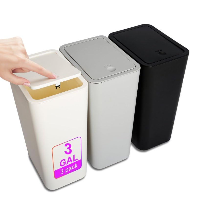 N. NETDOT 3 Pack Small Trash Can with lid, 3 Gallon Bathroom Trash Can,Garbage Can Slim Trash Bin Waste Basket for Bathroom,Kitchen,Bedroom,Living Room,Office,Laundry - Off White,Black,Grey - color: Black-Grey-Off White, size: 3 X 3 Gal