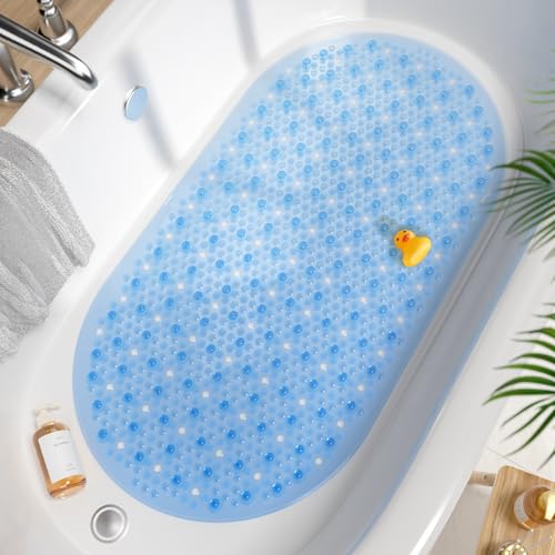 HITSLAM Oval Bathtub Mat Non Slip, 27x15 Inch Bubble Bath Tub Mat for Bathroom, Machine Washable Shower Mat with Suction Cups and Drain Holes, Blue - color: Blue, size: 27" x 15" (Oval)