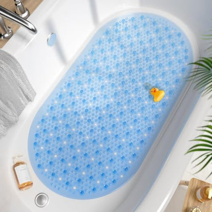 HITSLAM Oval Bathtub Mat Non Slip, 27x15 Inch Bubble Bath Tub Mat for Bathroom, Machine Washable Shower Mat with Suction Cups and Drain Holes, Blue - color: Blue, size: 27" x 15" (Oval)