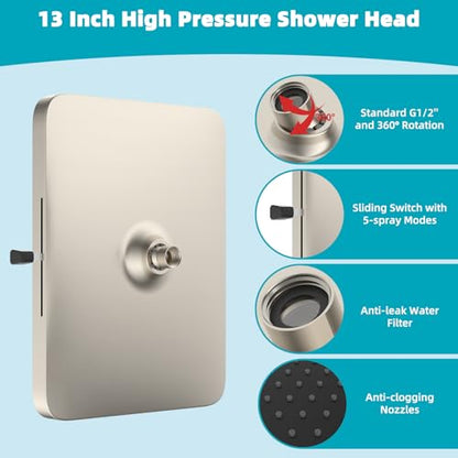 Hibbent cUPC Certified 5 Spray Modes Shower Head, 13'' High Pressure Large Rainfall Shower Head, High Flow Waterfall Bathroom Fixed Showerheads, Adjustable Swivel Ball Joint, Brushed Nickel - color: Brushed Nickel, style: Square 13''