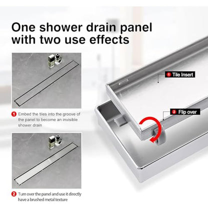 SaniteModar Linear Shower Drain 24 inch Brushed with Tile Insert Panel | AISI 304 Stainless Steel Brushed Linear Dain Rectangle Shower Floor Drain with Hair Strainer and Leveling Feet - color: Tile Insert Grate, size: 24 inch