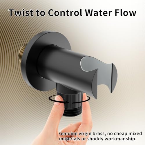 Bathroom Brass Round Wall Mount Water Supply Elbows with On/Off Flow Control Bracket Handheld Shower Head Holder, Matte Black - color: Matte Black