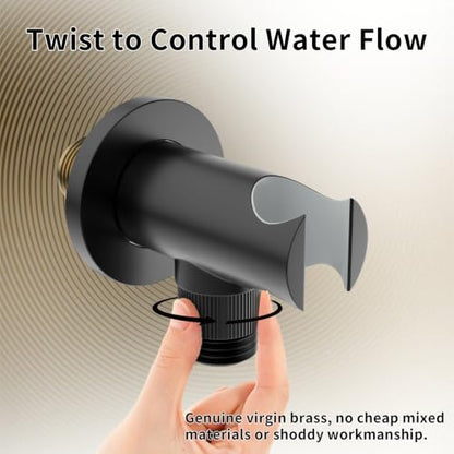 Bathroom Brass Round Wall Mount Water Supply Elbows with On/Off Flow Control Bracket Handheld Shower Head Holder, Matte Black - color: Matte Black