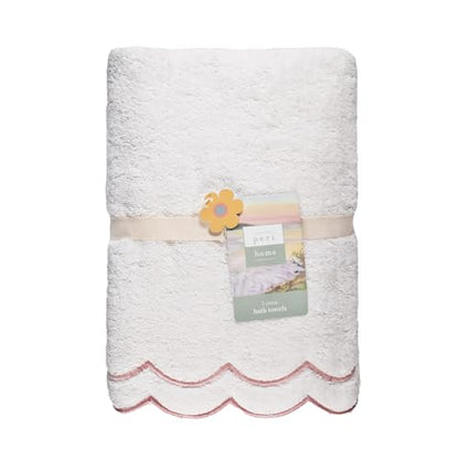 Peri Home 2 Piece Cotton Bath Towel Set, Embroidered, White, Blush Scallop - color: White With Blush Scallop, size: 2 Bath Towel