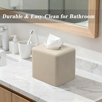 Resin Tissue Box Cover, Modern Square Holder, Beige | Resin tissue box cover with modern square design and silicone feet for bathroom vanity, office desk, and living room - color: Beige