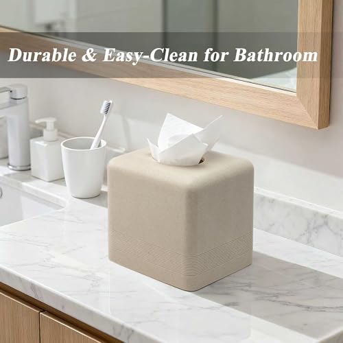 Resin Tissue Box Cover, Modern Square Holder, Beige | Resin tissue box cover with modern square design and silicone feet for bathroom vanity, office desk, and living room - color: Beige