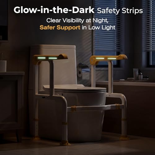 Toilet Safety Rails for Elderly & Disabled with Glow-in-the-Dark Handles, 450 lbs Heavy-Duty Frame, Flip-Up Arms, Dual Lock (Suction & Clamp), Adjustable No-Wobble Support, Yellow - color: Yellow