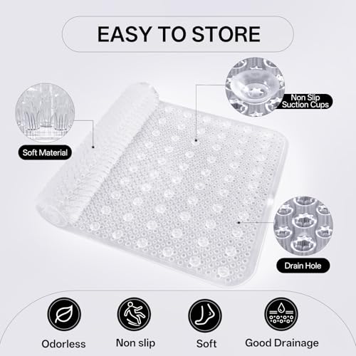Shower Foot Scrubber Mat, Non Slip Shower Mat Transparent 16"x27" | Silicone Exfoliating With Suction Cups And Drain Holes, Quick Drying Soft Bathtub Mat, Machine Washable Drainage Bathroom Mat - color: Transparent
