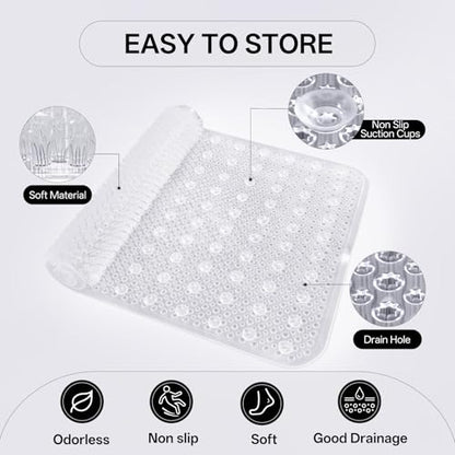 Shower Foot Scrubber Mat, Non Slip Shower Mat Transparent 16"x27" | Silicone Exfoliating With Suction Cups And Drain Holes, Quick Drying Soft Bathtub Mat, Machine Washable Drainage Bathroom Mat - color: Transparent
