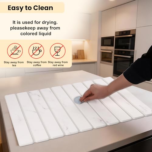 Stone Drying Mat for Kitchen Counter, 24"(L)×16"(W), Collapsible Quick Dry Stone Dishes Mats, Absorbent Diatomaceous Earth Mats for Kitchen, Bathroom - color: White Marble