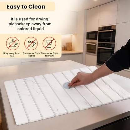 Stone Drying Mat for Kitchen Counter, 24"(L)×16"(W), Collapsible Quick Dry Stone Dishes Mats, Absorbent Diatomaceous Earth Mats for Kitchen, Bathroom - color: White Marble