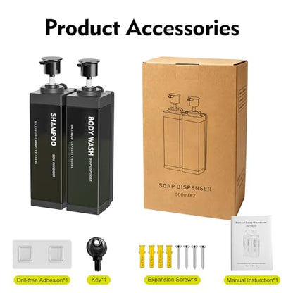 Wall Mounted Lockable Shampoo and Conditioner Dispenser | 17oz Large Pump Head No Drill Refillable ABS Plastic Bottle For Bathroom Shower Commercial Use Black 2 Pack - color: Black, size: 2