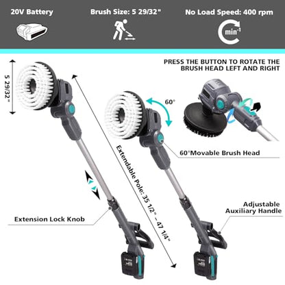 20V Cordless Spin Scrubber with Replaceable Battery, Electric Cleaning Brush with Long Handle & 8 Brush Heads for Outdoor, Bathroom, Tile, Grout, Shower, Bathtub