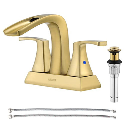 2 Handles Waterfall Bathroom Faucet with Metal Pop-up Drain and Faucet Supply Lines, Brushed Gold, Doris 1406808 - color: Brushed Gold