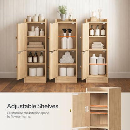 HOOBRO Slim Bathroom Cabinet for Small Spaces, Narrow Toilet Paper Cabinet with Doors, 9.8”W Space Saving Floor Cabinet with Adjustable Shelves, Farmhouse Wooden Organizer, Natural
