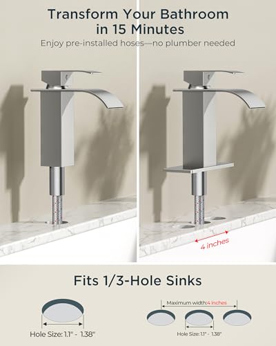 FORIOUS Bathroom Faucet 1 Hole, Waterfall Vanity Sink Faucet Brushed Nickel | Bathroom Sink Faucet 1 or 3 Hole, Square Single Handle with 24" cUPC Supply Line and Pop-up Drain, Fits RV Restroom Basin - color: Stainless Steel