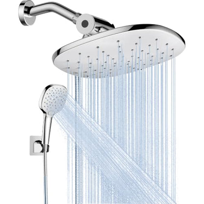 10" Rain Shower Head with Handheld Spray, Dual High Pressure Showerhead | Rainfall Shower Heads Combo with Multi Spray, Detachable Hand Showerhead Set with 71 Inch Shower Hose & Extra Holder - color: Chrome