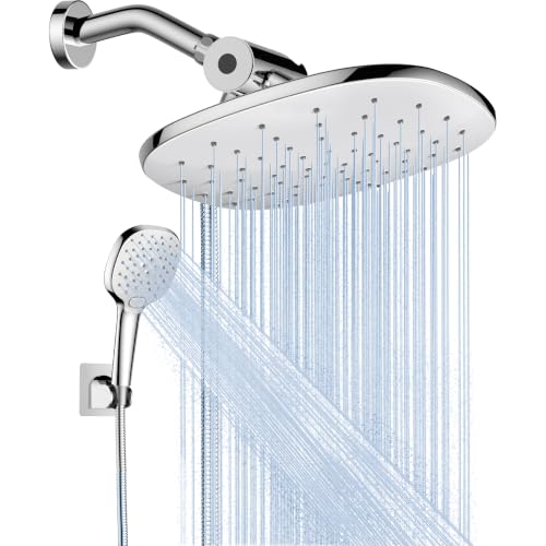 10" Rain Shower Head with Handheld Spray, Dual High Pressure Showerhead | Rainfall Shower Heads Combo with Multi Spray, Detachable Hand Showerhead Set with 71 Inch Shower Hose & Extra Holder - color: Chrome