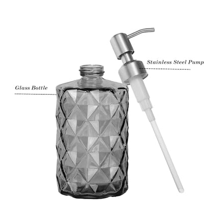 12Oz Gray Glass Soap Dispenser, Liquid Hand Bottle, Stainless Steel Pump | Refillable Clear Kitchen Soap Dispenser with Diamond Design, for Hand soap, Dish Soap, Lotion, Bathroom, Countertop, Hotel - color: Diamond Gray