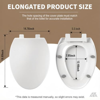 Soft Close Elongated Toilet Seat White | Closed Front Toilet Cover | 4 Non-Slip Seat Bumpers | Easy to Install & Clean | Fits Elongated Toilets - size: 18.89''X14.76''