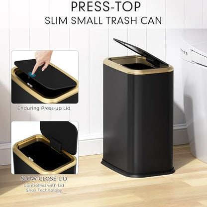 Bathroom Trash Can with Lid 8L/2.1 Gallon Black Trash Can Small Garbage Can with Press Top Lid Slim Stainless Steel Garbage Can with 100 Counts Trash Bags for Bathroom Bedroom Kitchen Office Toilet - color: Black, size: Press-Top Trash Can