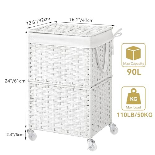 Chrislley Wicker Laundry Basket with Wheels,Rolling Laundry Hamper with Lid | 90L Slim Clothes Hamper with Wheels & Removable Liner Bag, Handwoven Rattan Laundry Organizer for Bedroom, Bathroom, White - color: White