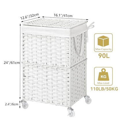 Chrislley Wicker Laundry Basket with Wheels,Rolling Laundry Hamper with Lid | 90L Slim Clothes Hamper with Wheels & Removable Liner Bag, Handwoven Rattan Laundry Organizer for Bedroom, Bathroom, White - color: White