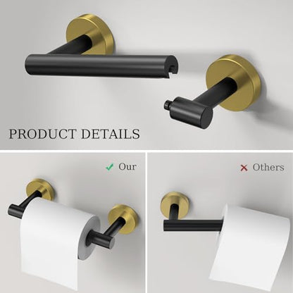 Black and Gold Toilet Paper Holder & Towel Holder Bathroom Hardware Set | SUS304 Stainless Steel Double Post Pivoting Tissue Roll Holder and Hand Towel Ring Set for Bathroom RV by Evolvegoods - color: Black Gold