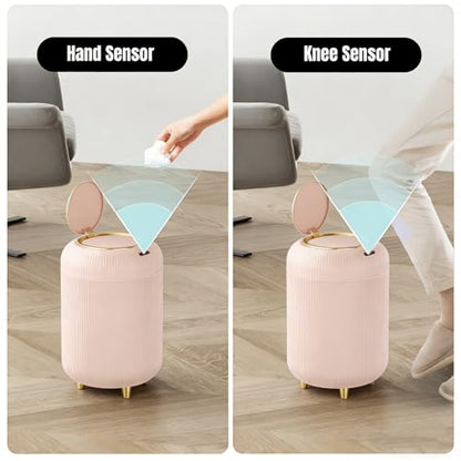 URALFA Motion Sensor Trah Can Bathroom, Automatic Pink Trash Can with Lid | 3 Gal Touchless Bathroom Garbage Can with Lid, Smart Trash Bin for Bedroom, Office, Restroom, Removable Legs, Pink and Gold - color: Pink