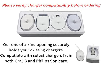 4 Slot Family Electric Toothbrush Charger Holder and Bathroom Organizer, for Select OralB and Philips Sonicare Tooth Brush Chargers (See Compatability Image), Countertop Stand or Wall-Mounted, White - size: 4 Openings