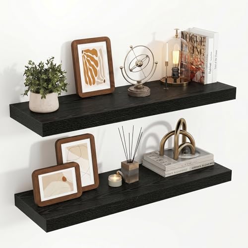 Acovy 32 Inch Floating Shelves, 3D Textured Wood Grain, 32"x9.25"x1.5" Inch Deep Floating Shelves for Wall, Wooden Shelves for Bathroom, Bedroom, Living Room, Black, 2 Pieces - color: Black, size: 32"x9.25"-2pcs