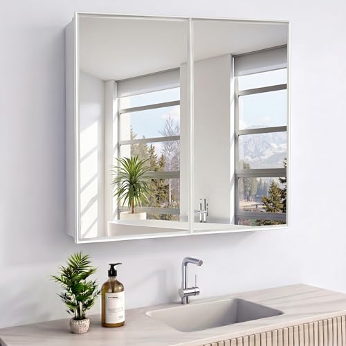 26 x 32 Inch Bathroom Medicine Cabinet with Double Mirror Doors, Recessed or Surface Mount Wall Cabinet for Bathroom, Plastic Frame & Removable Glass Shelves - style: CS5003A-3226