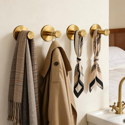 Bath Towel Hooks, 4 Pack Self Adhesive Coat Hooks, Sturdy No Drilling Robe Hook, SUS 304 Stainless Steel Heavy Duty Clothes Hanger, Wall Hooks for Bathroom Bedroom Kitchen (2 in, ‎Gold) - color: Gold-4