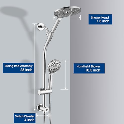 High Pressure Shower Head with Handheld Shower, 26" Adjustable Height Drill-Free Slide Bar, 3-Way Diverter for Easy Reach, Dual Shower Head Combo Set with 5ft Hose - Chrome - color: Chrome