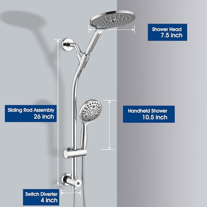 High Pressure Shower Head with Handheld Shower, 26" Adjustable Height Drill-Free Slide Bar, 3-Way Diverter for Easy Reach, Dual Shower Head Combo Set with 5ft Hose - Chrome - color: Chrome