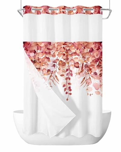 No Hook Shower Curtain and Snap in Liner Set, Red Eucalyptus Fabric Bathroom Stall Shower Curtains 36x72, See Through Mesh Top Window, Spring Summer Botanical Floral Leaves Country Hotel Style - color: Red, size: 36"W x 72"L (Pack of 1)