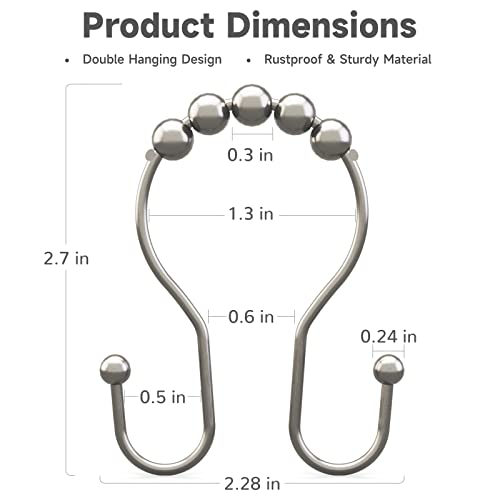 Shower Curtain Hooks Brushed Nickel Shower Curtain Rings Rust Proof, Bathway Balanced Smooth Glide Double Shower Curtain Hooks, Sturdy Shower Hooks for Shower Curtain 12 Pcs Shower Rod Hooks - color: Nickel