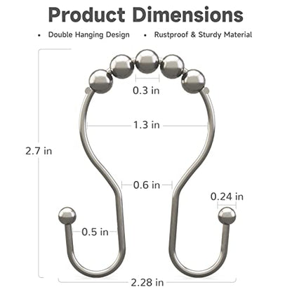 Shower Curtain Hooks Brushed Nickel Shower Curtain Rings Rust Proof, Bathway Balanced Smooth Glide Double Shower Curtain Hooks, Sturdy Shower Hooks for Shower Curtain 12 Pcs Shower Rod Hooks - color: Nickel