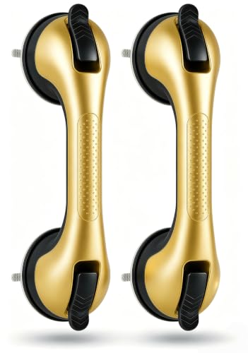 Gold Grab Bars for Bathtubs and Showers 2 Pack Suction Grab Bar, Heavy Duty Shower Handle Removable Bath Handrails for Seniors and Elderly, Bathroom Safety Grip No Drilling Waterproof