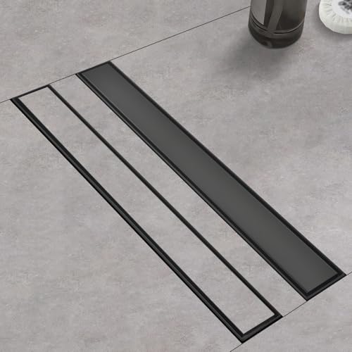 Linear Shower Drain ，with Tile Insert Panels ，12 Inch Black 304 Stainless Steel Rectangle Shower Floor Drain，with Hair Catcher, Adjustable Feet，Fits Bathroom, Balcony - color: Matte Black, size: 12inch