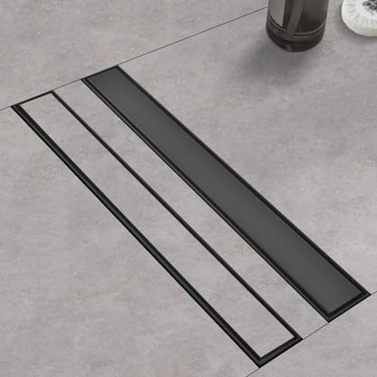 Linear Shower Drain ，with Tile Insert Panels ，32 Inch Black 304 Stainless Steel Rectangle Shower Floor Drain，with Hair Catcher, Adjustable Feet，Fits Bathroom, Balcony - color: Matte Black, size: 32inch