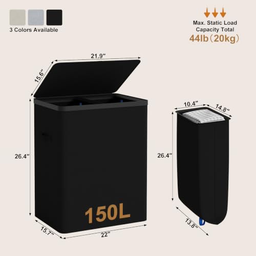 Double Laundry Hamper with Lid, 150L Large Laundry Basket 2 Compartments | Gasvadivum Dirty Clothes Hamper 2 Section with Portable Liner Bags and Handles for Laundry Room, Bedroom, Easy Assembly,Black - color: Black