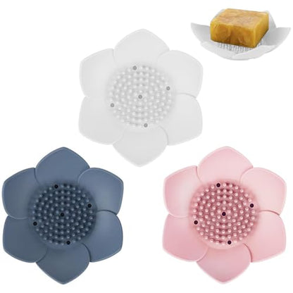 3 Pack Soap Dish, Bar Soap Holder, Bathroom Soap Tray with Drain, Lotus Silicone Soap Holder for Bathroom Shower (Blue, Pink, White) - color: Blue, Pink, White