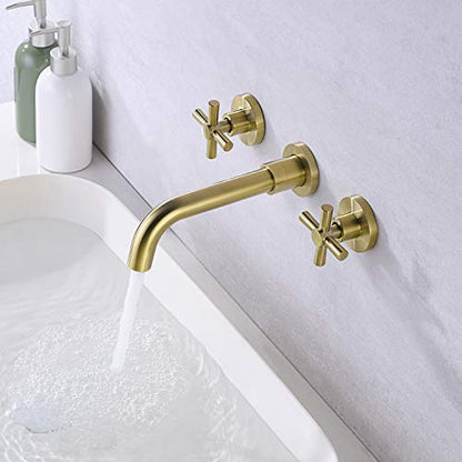 SUMERAIN Brushed Gold Wall Mount Bathroom Faucet | Two Cross Handles, Rough-in Valve Included, Swivel Spout - color: Brushed Gold