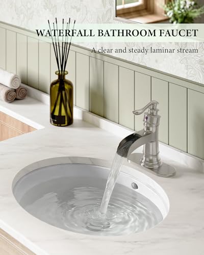 Homevacious Bathroom Faucet Brushed Nickel Waterfall Bathroom Sink Faucets | Single Handle Rustic Vanity Farmhouse RV Faucet Suitable for 1 or 3 Holes with Pop-up Drain Deck Plate Hose by Homevacious - color: Brushed Nickel