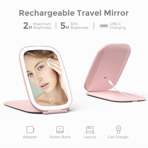 NEZZOE Rechargeable Travel Makeup Mirror with LED Light, 7x5 Inch, Pink - color: 7"x5"-pink